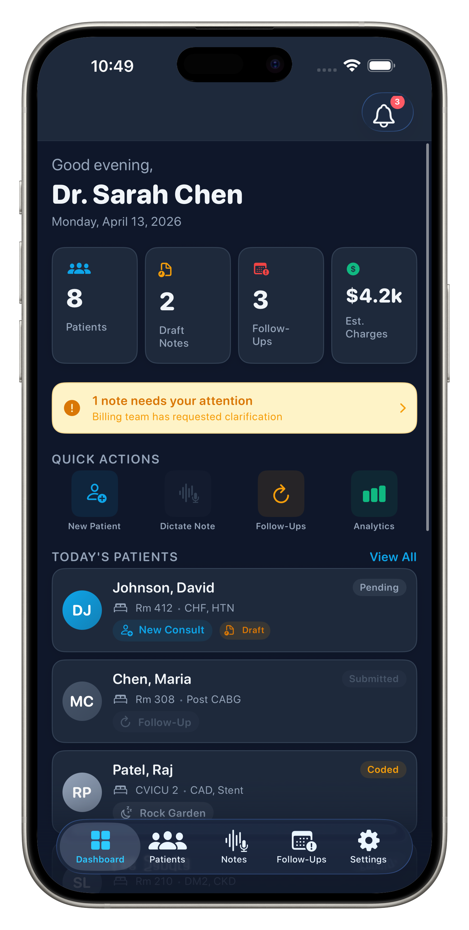 Aurora AI Scribe — Dashboard with patient stats and quick actions