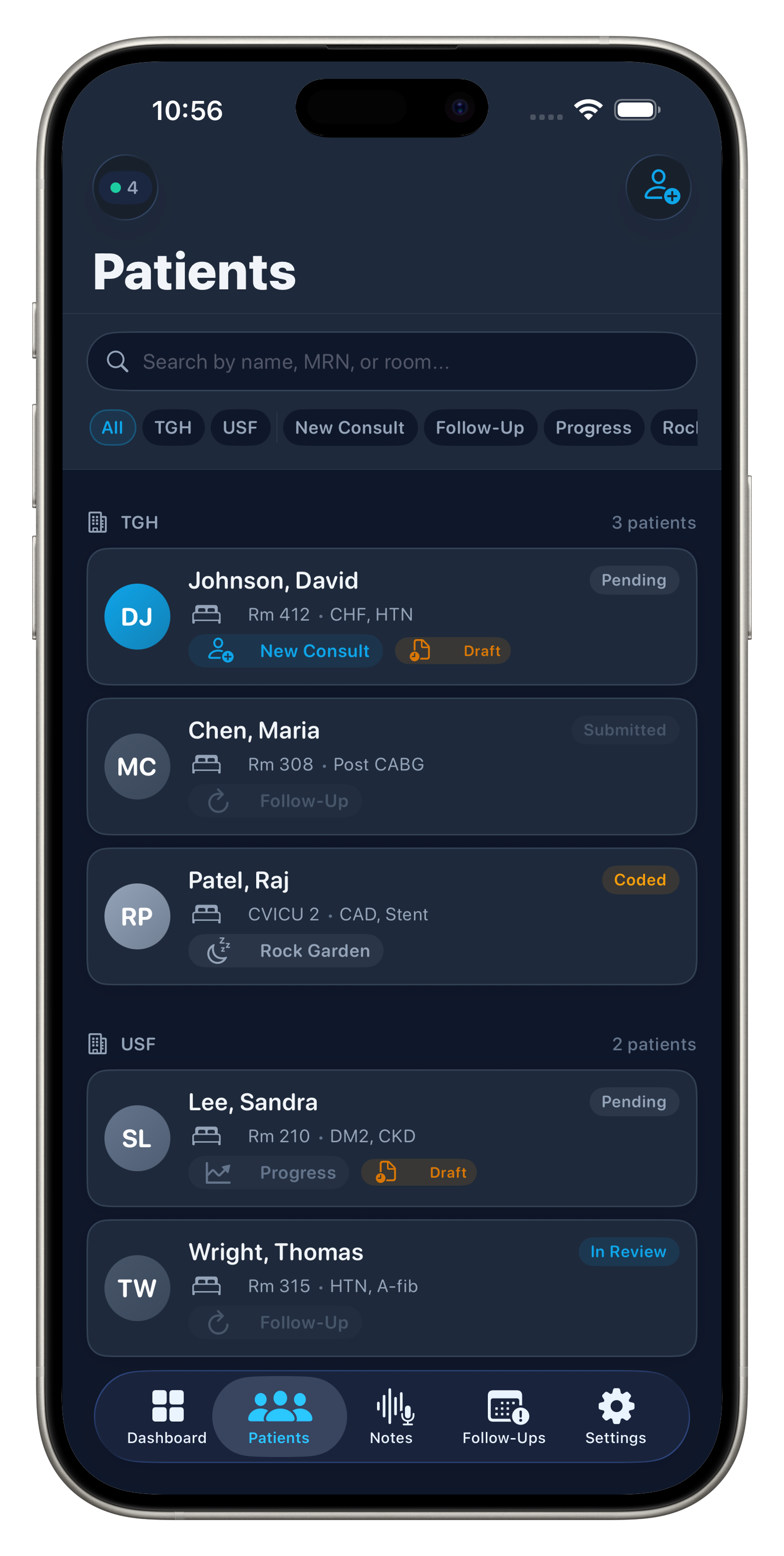 Aurora AI Scribe — Patient list with search and filters